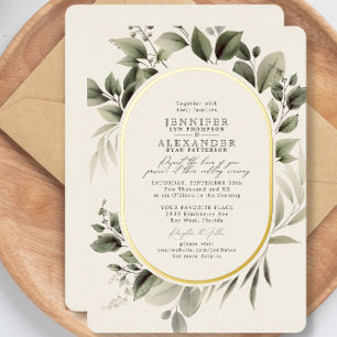 Eenvoudig groen Eucalyptus Ivory Wedding Gold Folie Uitnodiging