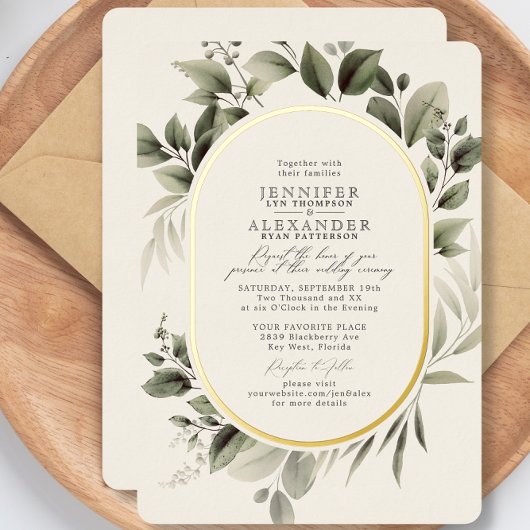 Eenvoudig groen Eucalyptus Ivory Wedding Gold Folie Uitnodiging