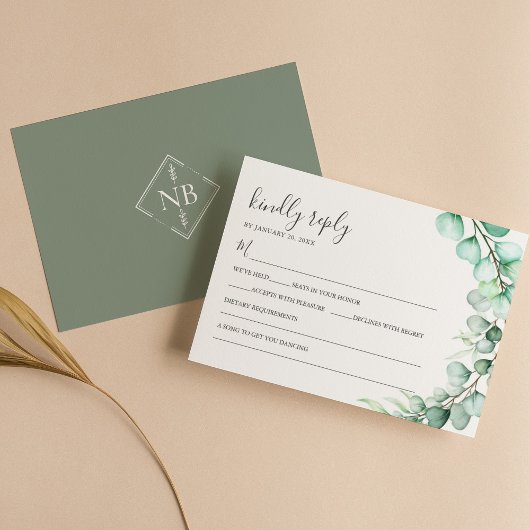 Eenvoudig groen Eucalyptus Leaves Wedding RSVP Kaartje