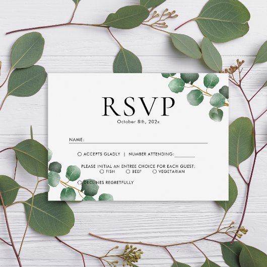 Eenvoudig groen Eucalyptus Leaves Wedding RSVP Kaartje