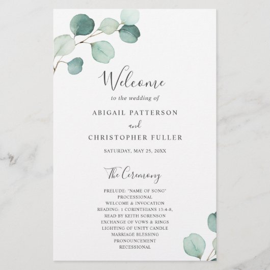 Eenvoudig groen Eucalyptus Rustic Wedding Programm (Voorkant)