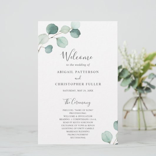 Eenvoudig groen Eucalyptus Rustic Wedding Programm (Staand voorkant)