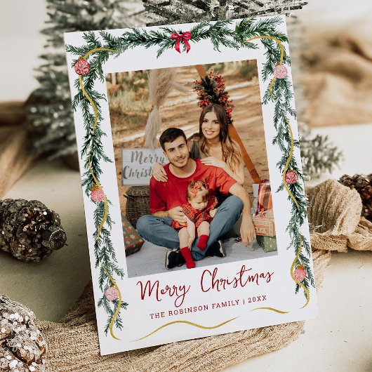 Eenvoudig groen Garlands Merry Christmas 1 Foto Feestdagenkaart