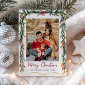 Eenvoudig groen Garlands Merry Christmas 1 Foto Feestdagenkaart