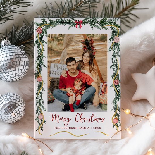 Eenvoudig groen Garlands Merry Christmas 1 Foto Feestdagenkaart