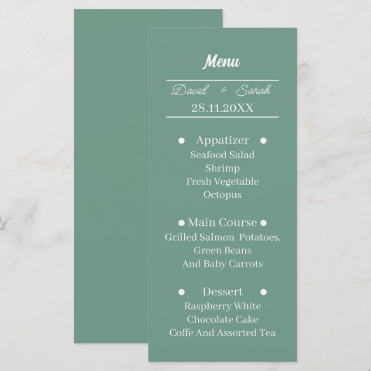 Eenvoudig groen gepersonaliseerd huwelijksdiner menu (Voorkant / Achterkant)