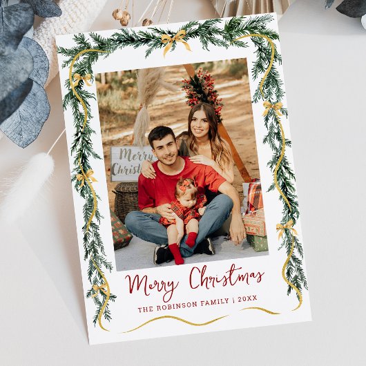 Eenvoudig groen Gouden Bogen Vrolijk Kerstmis 1 Fo Feestdagenkaart