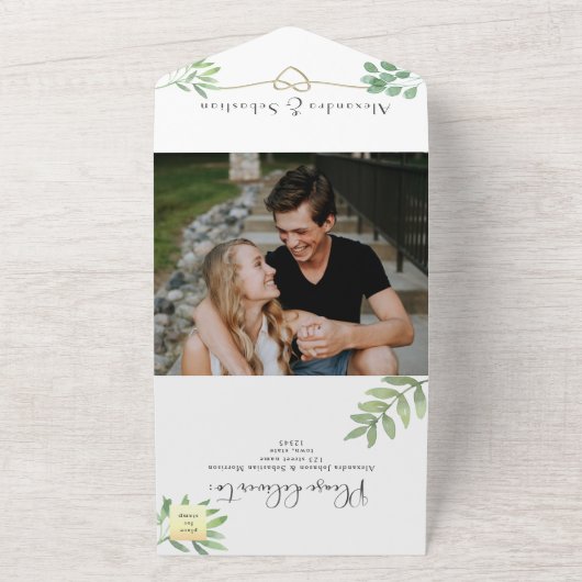 Eenvoudig groen huwelijk all in one uitnodiging (Buitenkant)