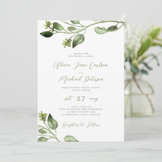 Eenvoudig groen laat elegant script bruiloft kaart (Staand voorkant)