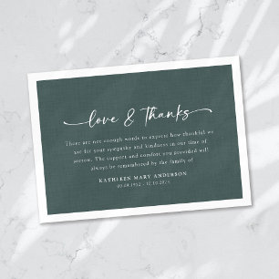 Eenvoudig groen linnen effect script begrafenis bedankkaart