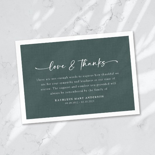 Eenvoudig groen linnen effect script begrafenis bedankkaart