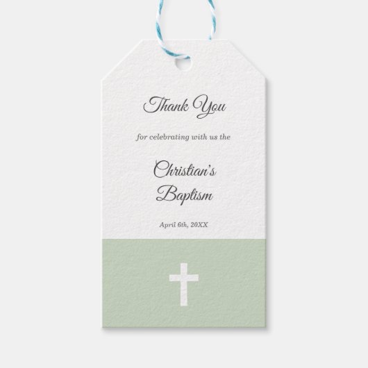 Eenvoudig, Groen met een Kruisdoop Dank U Cadeaulabel (Voorkant)