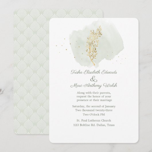 Eenvoudig groen met Gold Floral Wedding Kaart (Voorkant / Achterkant)