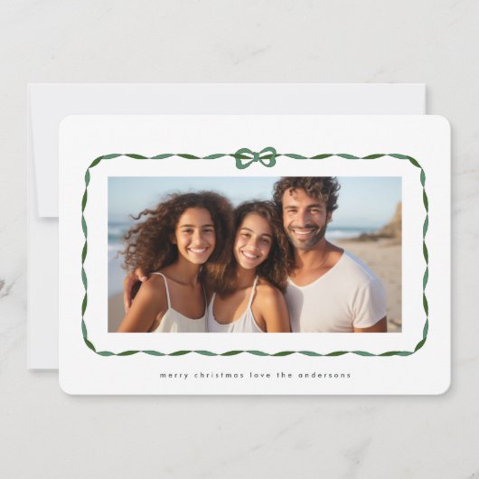 Eenvoudig Groen Modern Lint Foto Kerstmis Feestdagenkaart (Voorkant)