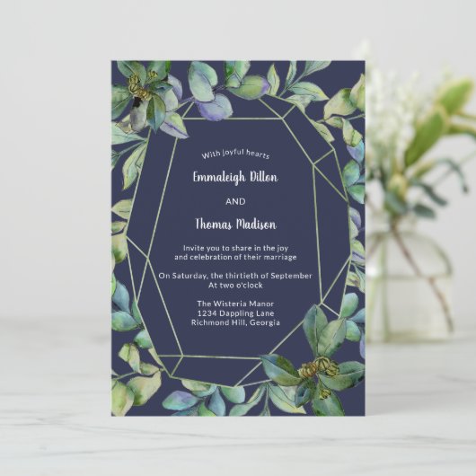 Eenvoudig groen | Navy geometrische bruiloft Kaart (Staand voorkant)