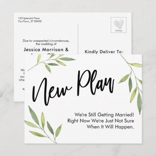 Eenvoudig groen nieuw plan uitgesteld bruiloft upd briefkaart (Voorkant / Achterkant)