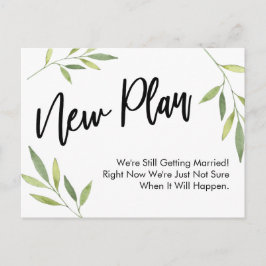 Eenvoudig groen nieuw plan uitgesteld bruiloft upd briefkaart