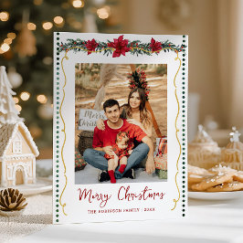 Eenvoudig groen Poinsettia Vrolijk Kerstmis 1 Foto Feestdagenkaart