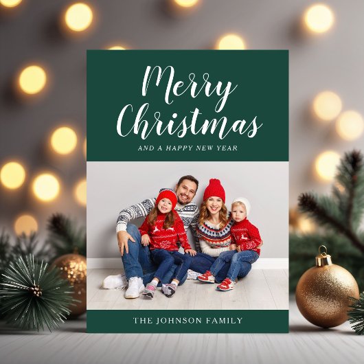 Eenvoudig groen script Eén kerstfoto Feestdagenkaart