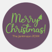 Eenvoudig Groen Script Prettig Kerstfeest op Viole Ronde Sticker (Voorkant)