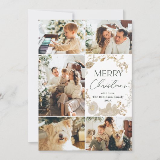 Eenvoudig Groen Wit 5 Foto Kerst Kaart (Voorkant)