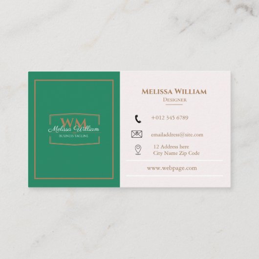 Eenvoudig groen wit monogram visitekaartje (Achterkant)