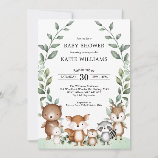 Eenvoudig groen Woodland Forest Animal Baby shower Kaart (Voorkant)