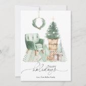 Eenvoudig groene gezellige kerstkamer flat feestdagenkaart (Voorkant)