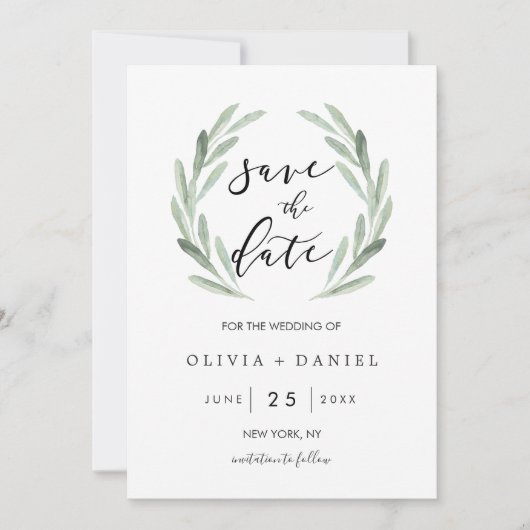 Eenvoudig Groene Wreath Rustic Wedding sparen de D Save The Date (Voorkant)