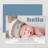 Eenvoudig Hallo Blauw script Blauw Terug Baby Foto Aankondiging (Voorkant / Achterkant)