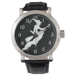 Eenvoudig Halloween Wit Heks Silhouet Zwart Horloge