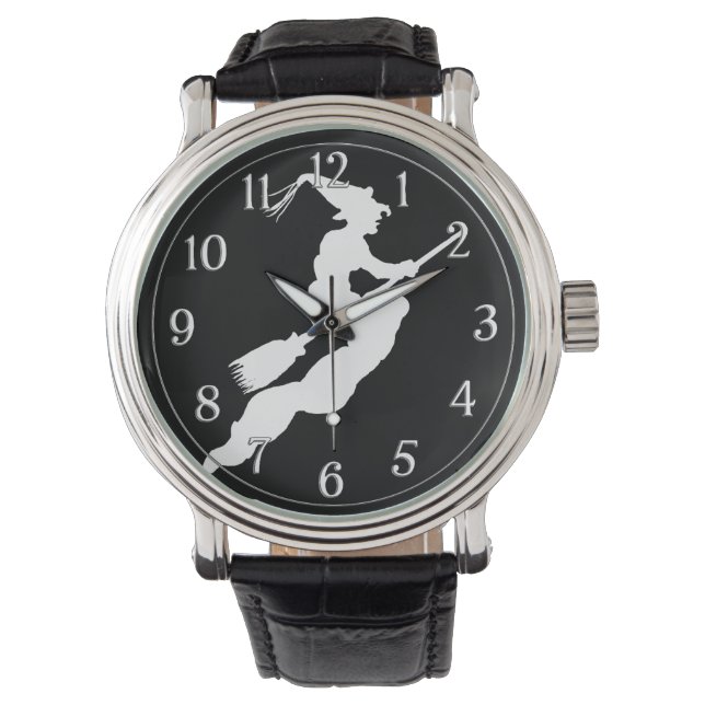 Eenvoudig Halloween Wit Heks Silhouet Zwart Horloge (Voorkant)