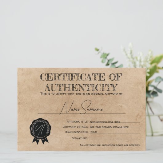 Eenvoudig handgemaakt echtheidscertificaat (Staand voorkant)