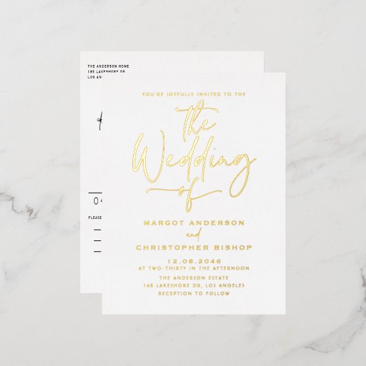 Eenvoudig handgeschakelde kalligrafie bruiloft folie uitnodiging briefkaart (Voorkant / Achterkant)