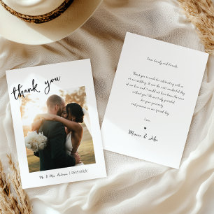 Eenvoudig handgeschreven handschrift en foto bruil bedankkaart