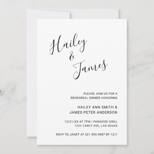 Eenvoudig handgeschreven menu Namen Rehearsal Dinn Kaart (Voorkant)