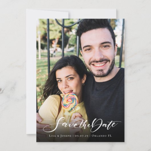 Eenvoudig handgeschreven schrift met foto save the date (Voorkant)