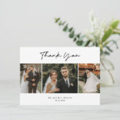 Eenvoudig handgeschreven script 3 foto bruiloft bedankkaart (Staand voorkant)