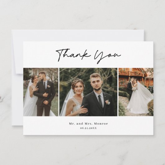 Eenvoudig handgeschreven script 3 foto bruiloft bedankkaart (Voorkant)