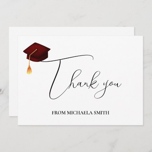 Eenvoudig handgeschreven script Maroon Afstuderen Bedankkaart (Voorkant / Achterkant)
