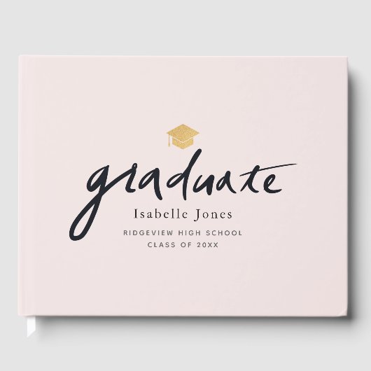 Eenvoudig handgeschreven script Roze Afstuderen Fo Gastenboek (Voorkant)
