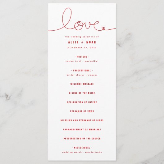 Eenvoudig handwrite Loopy Line Red Heart Wedding Programmakaart (Voorkant)