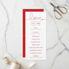 Eenvoudig handwrite Loopy Line Red Heart Wedding Programmakaart