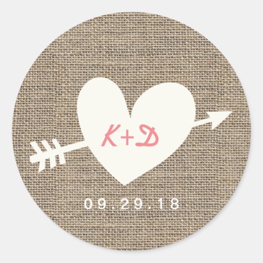 Eenvoudig hart en pijlstaart Rustic Burlap Wedding Ronde Sticker (Voorkant)