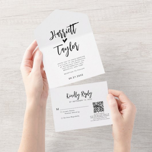 Eenvoudig Hartelijk Hart Script Trouw QR Code Rsvp All In One Uitnodiging (Afscheurbaar)