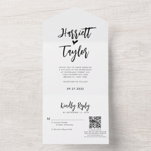 Eenvoudig Hartelijk Hart Script Trouw QR Code Rsvp All In One Uitnodiging (Binnen)