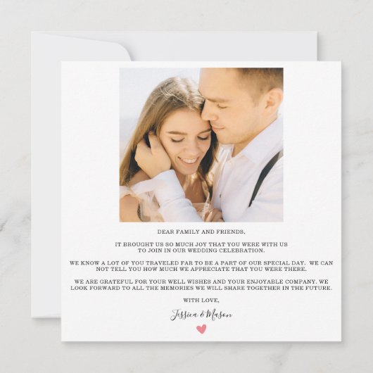 Eenvoudig hartenscript Square Weddenschap Hartelij Bedankkaart (Achterkant)