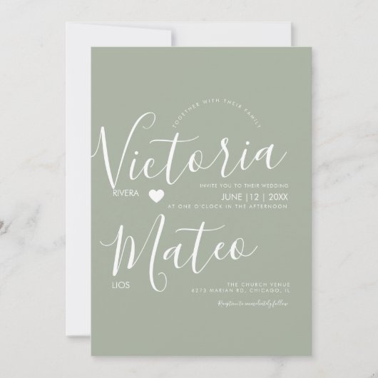 Eenvoudig hartscript Typografie Sage Wedding Kaart (Voorkant)