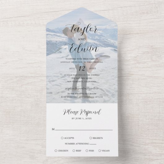 Eenvoudig hedendaags modern fotohuwelijk all in one uitnodiging (Binnen)