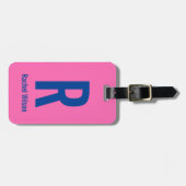 Eenvoudig Heet Roze met Blauwe Naam & Monogram Bagagelabel (Voorkant horizontaal)